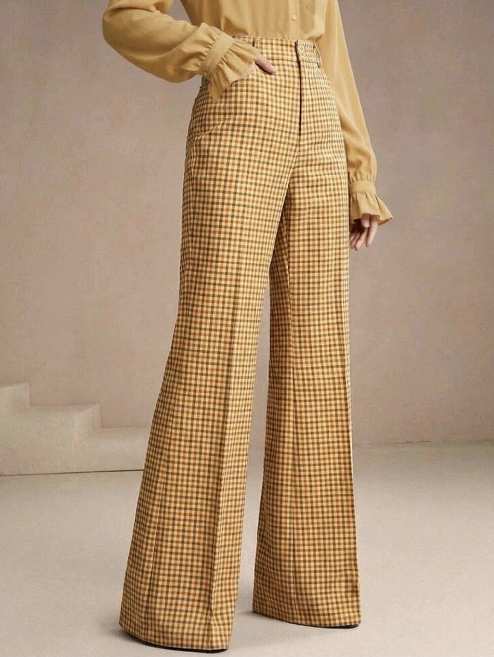 Women's Plaid Print Trousers With Rivet Pockets, Elegant 70s Business Casual